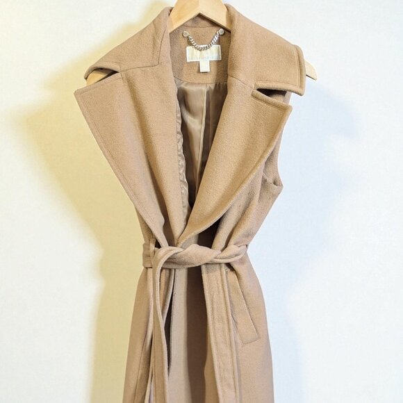 Michael Kors Belted Wrap Vest, Wool-Blend, Camel, Large - Picture 1 of 8